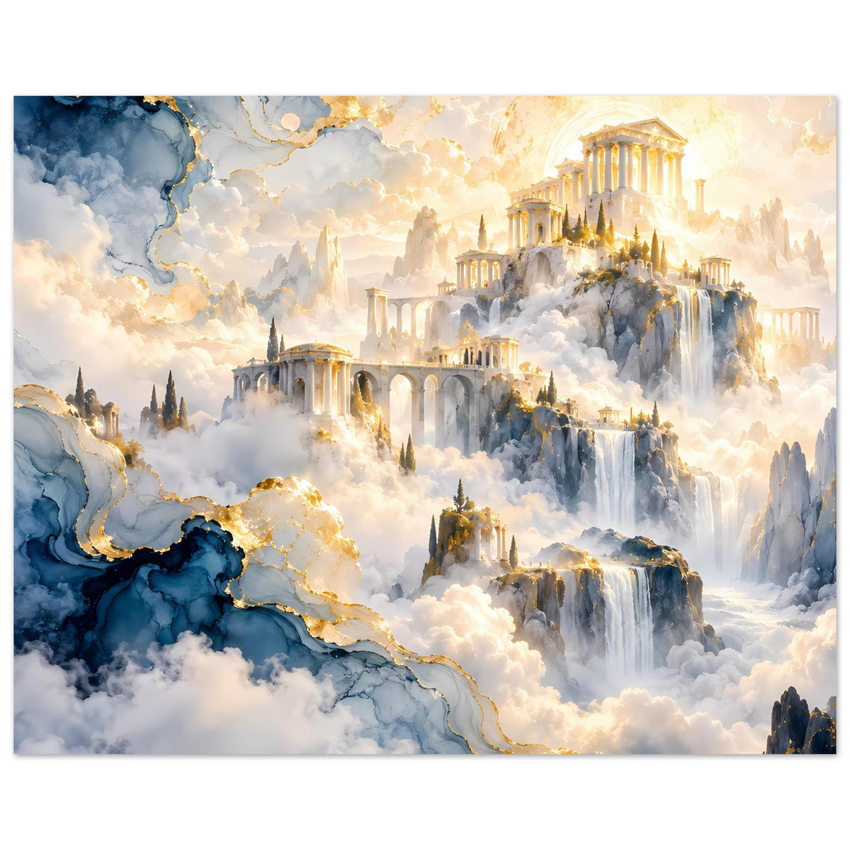 Querformat-Poster: blau-goldene Wolkenstadt mit Tempelruinen, Wasserfällen und goldenen Akzenten