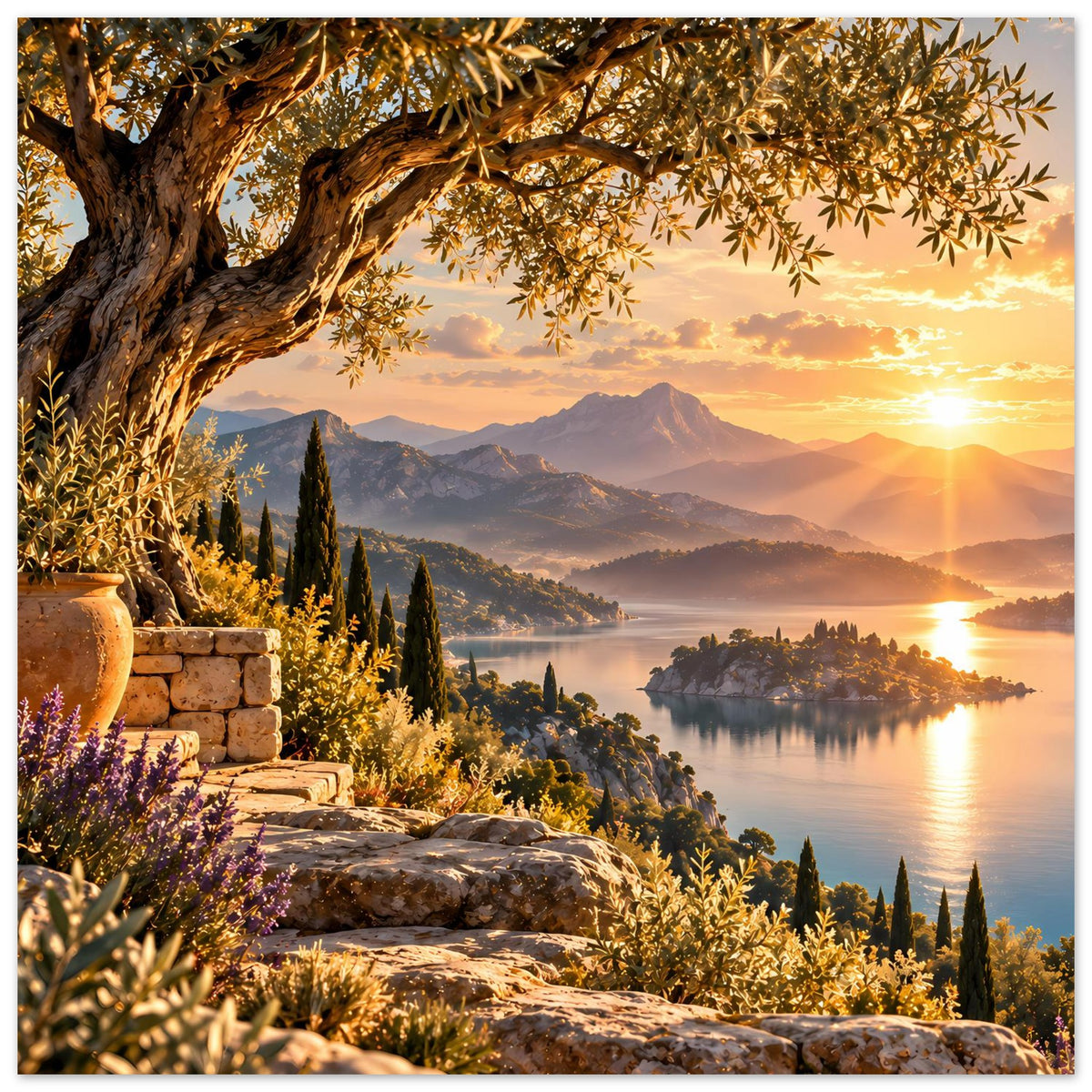 Landschafts-Poster im Querformat: Sonnenuntergang über See mit Olivenbaumzweigen und Felsweg