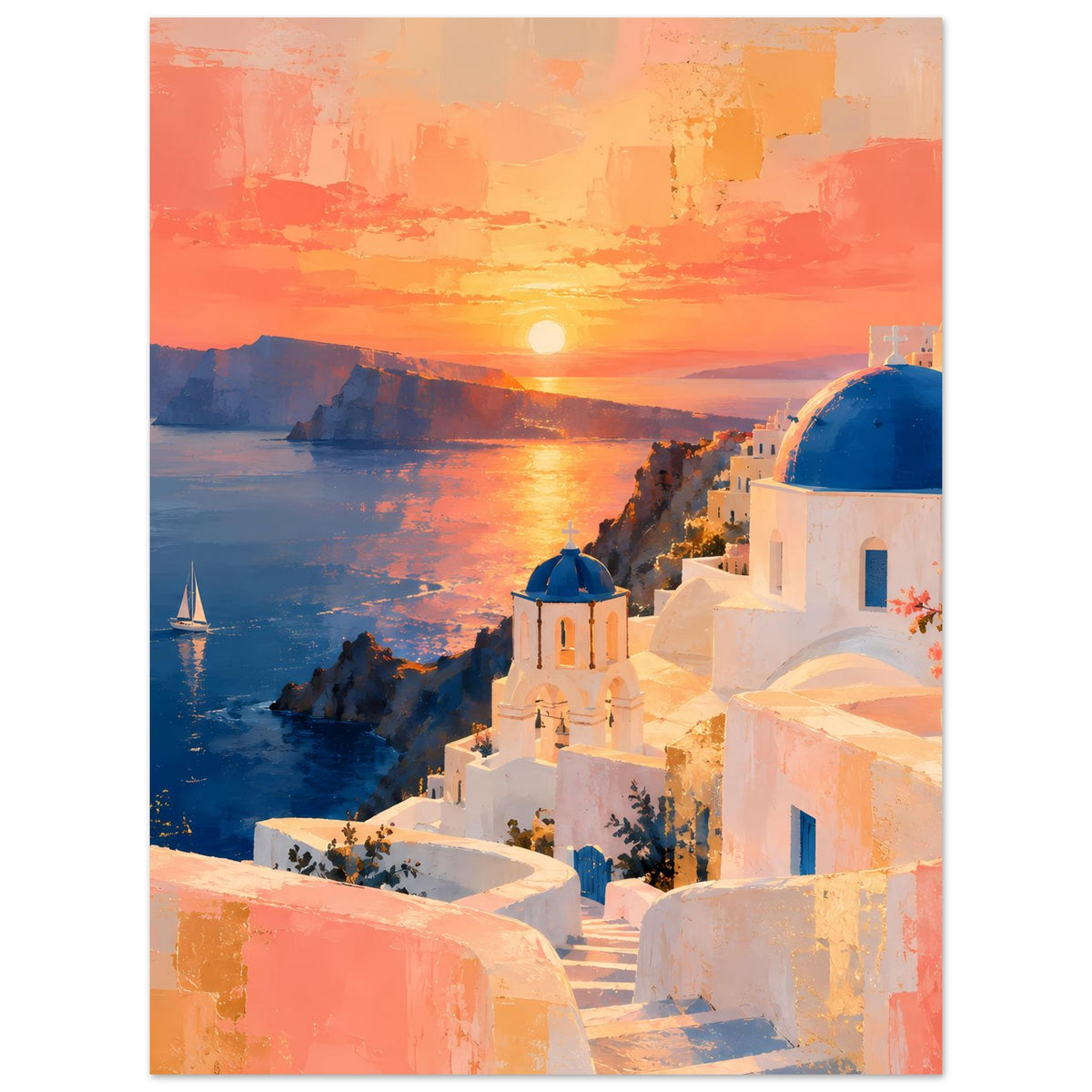 Poster im Hochformat: Sonnenuntergang am Meer, weißes Dorf und blaue Kuppel