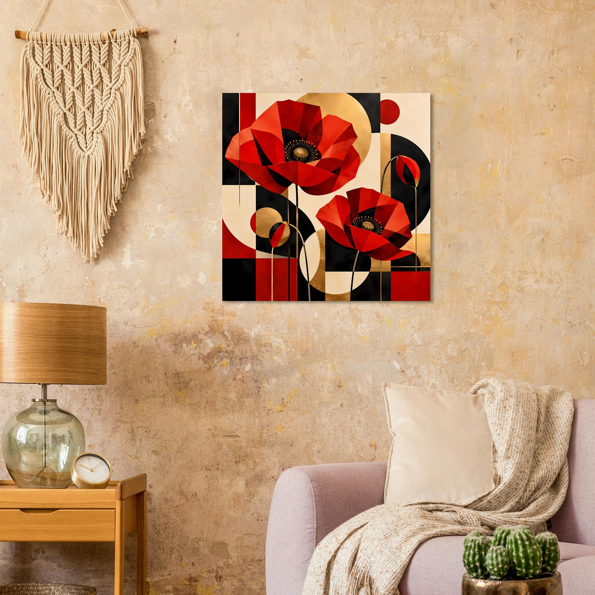 Gerahmtes Kunstposter: rote Mohnblumen in Geometrie mit goldbeigen und schwarzen Elementen