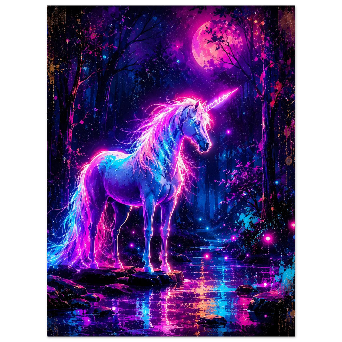 Poster mit leuchtendem Einhorn im Neon-Look, seitlicher Stand auf dunklem Boden