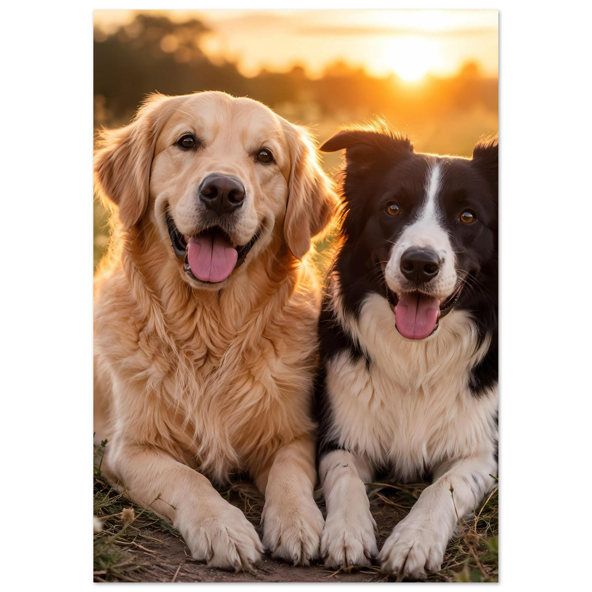 Hunde-Porträt-Poster mit goldenem und schwarzem Hund, von vorn, warmes Licht