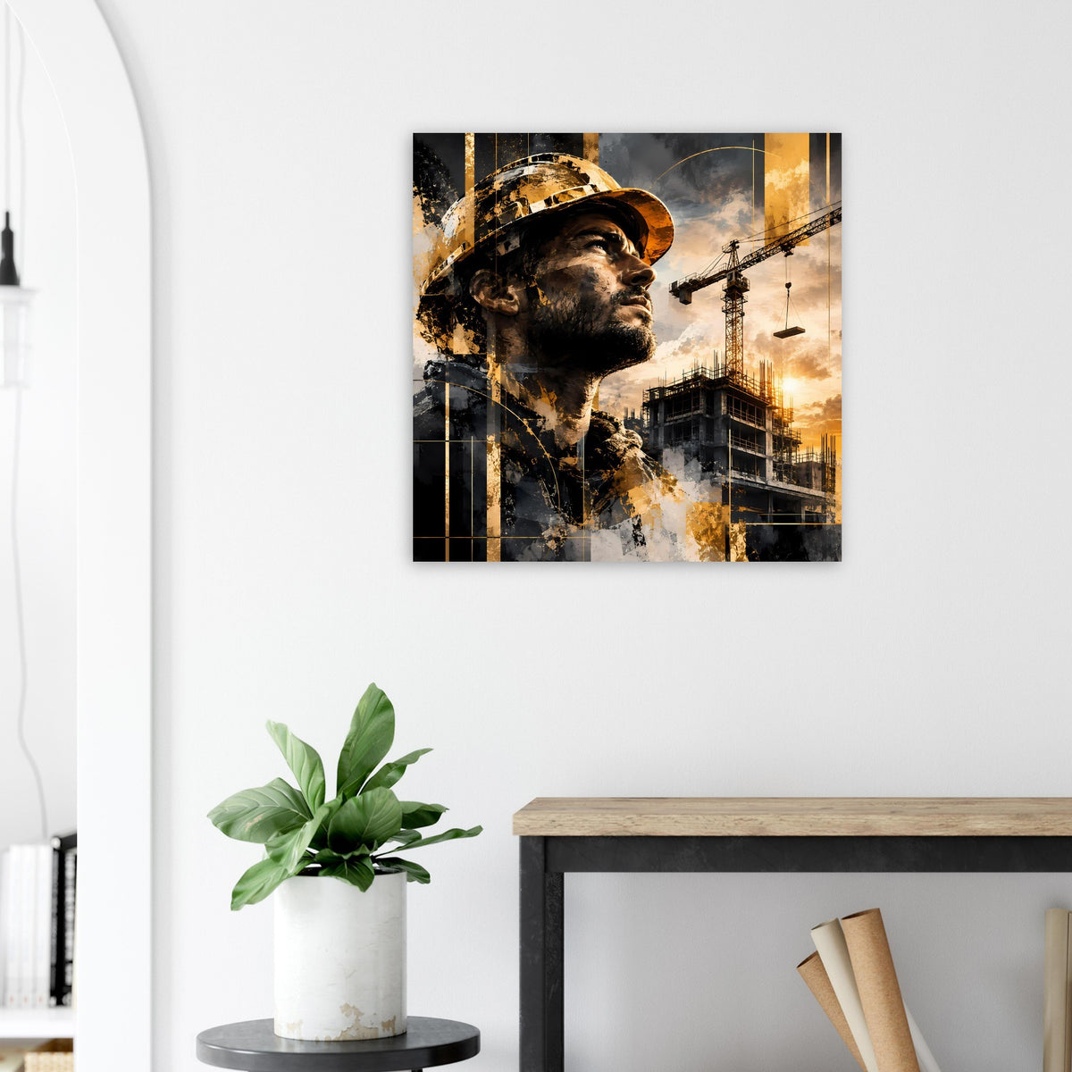 Poster im Querformat: Bauarbeiter im Helm, schwarz-graue Konturen mit goldenen Flächen