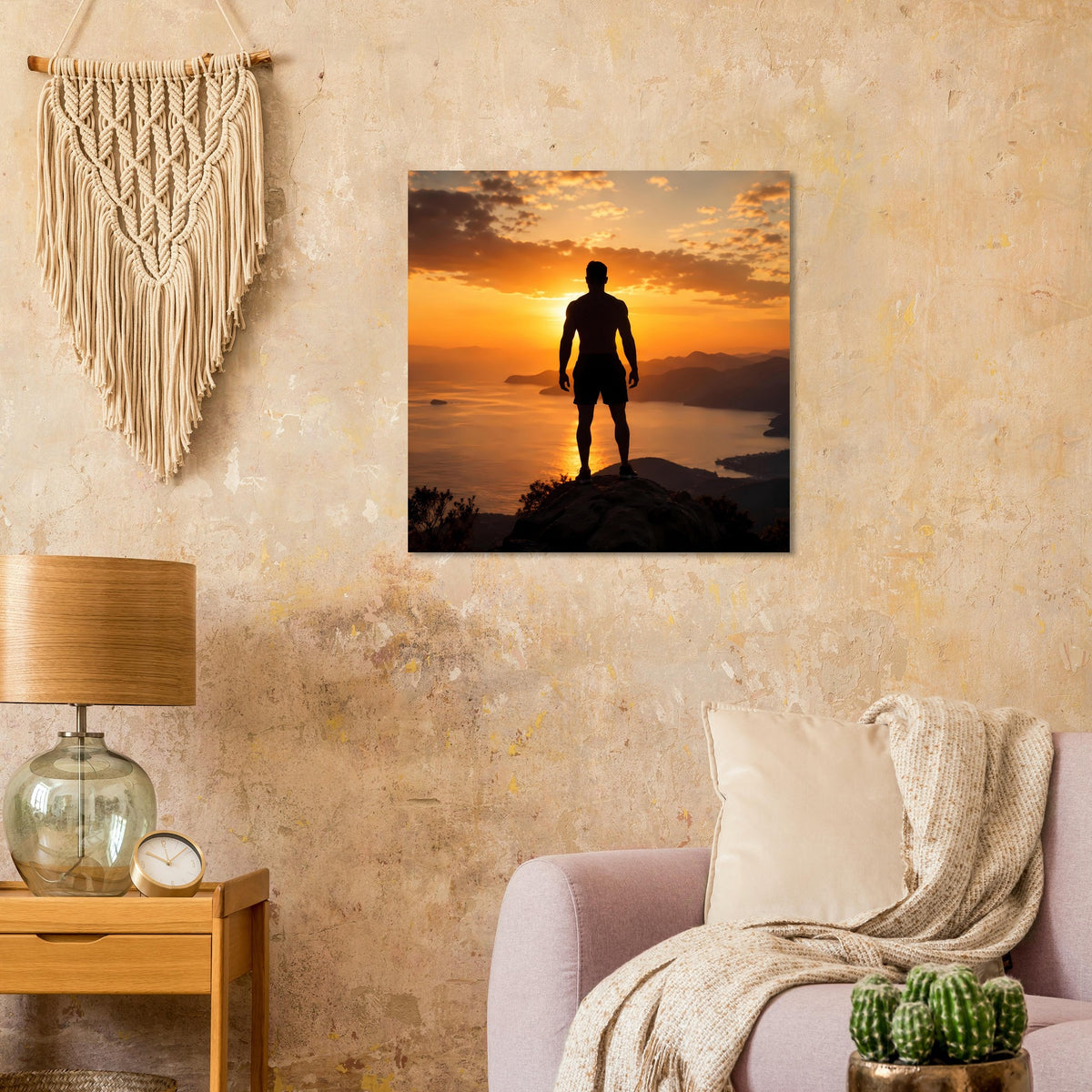 Gerahmter Kunstdruck: Silhouette eines Mannes auf Felsen im goldenen Sonnenuntergang