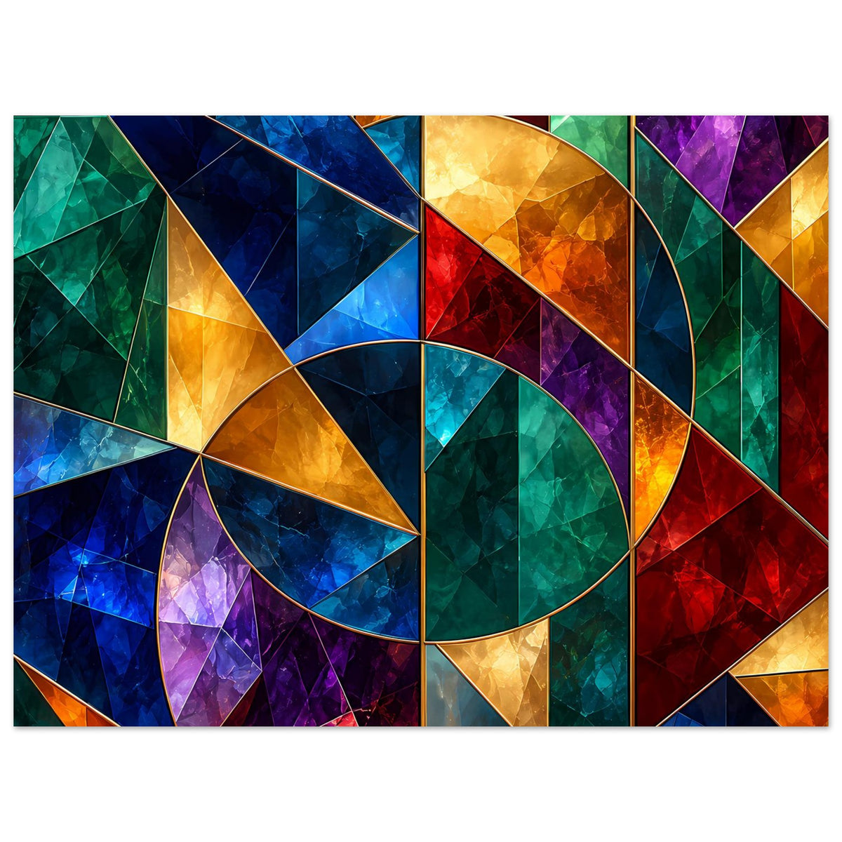 Geometrisches Glasfenster-Motivposter mit Farbquadraten und Kreislinie, Querformat im Rahmen
