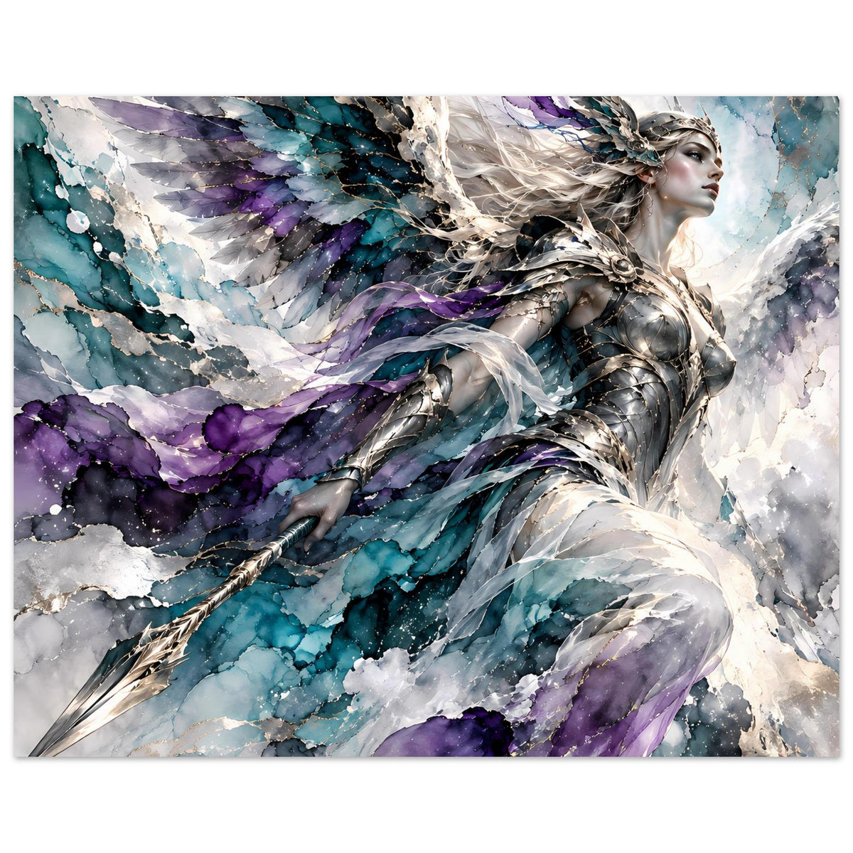 Fantasy-Kriegerengel-Poster in breiter Ansicht: Engel mit ausgestrecktem Schwert, Flügel in Blau und Violett.
