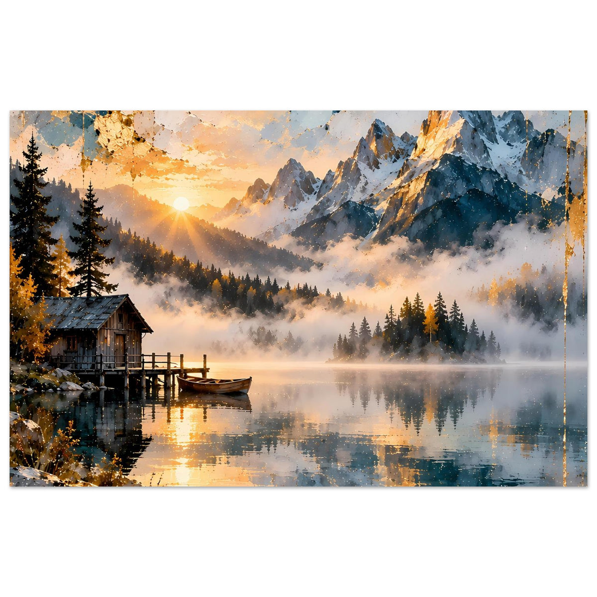 Querformatiges Poster mit Bergsee, reflektierendem Wasser, Steg und Hütte am Ufer