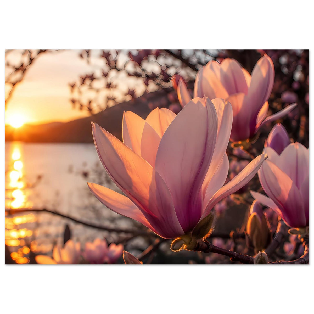 Magnolienblüten-Poster: vordere Blüte in lila und orange, umgebende Knospen am Ast