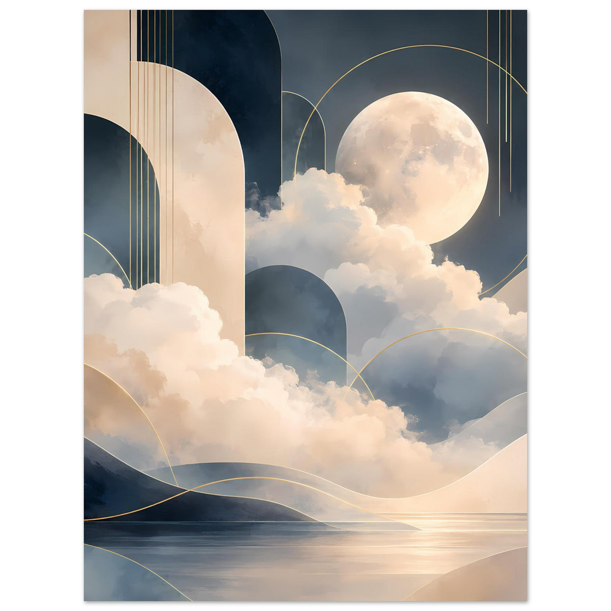 Mondlandschaft-Poster mit großem Mond, sanften Hügeln und goldenen Bögen über dem Meer