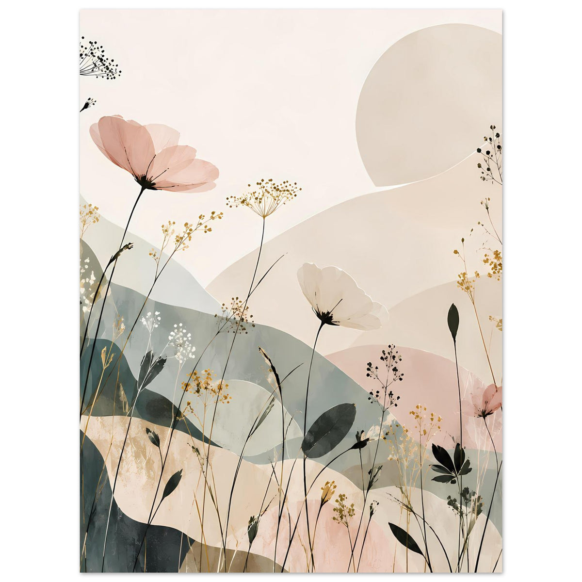 Vertikales Blumen-Abstract-Poster mit zarten Blüten, feinen Dolden und Blattformen