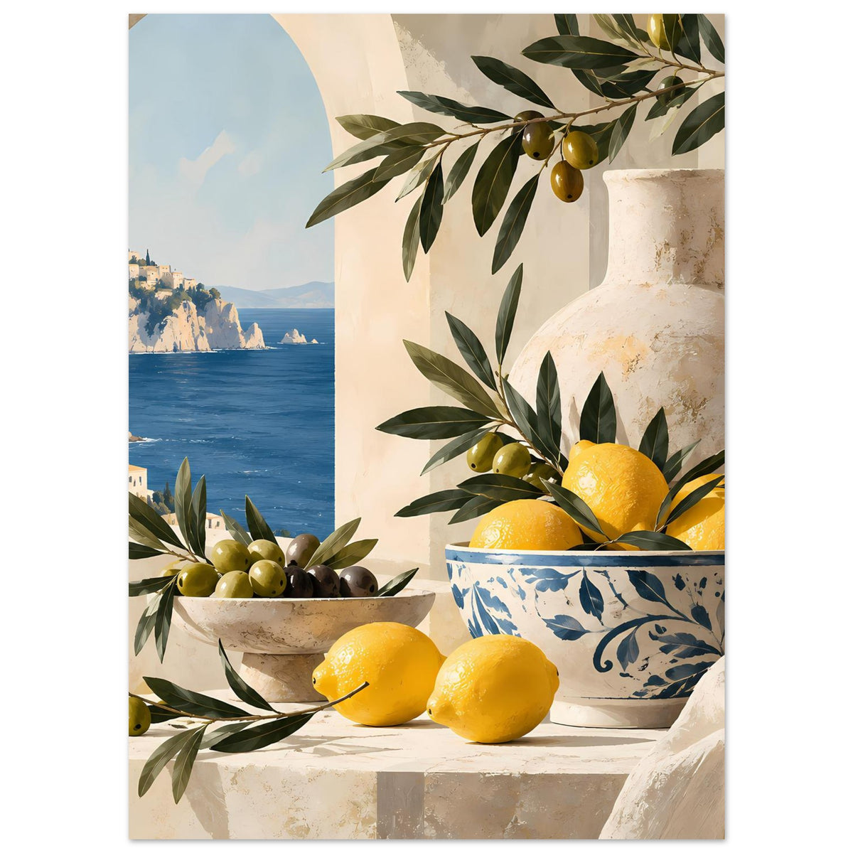 Hochformat-Poster mit mediterranem Motiv: Olivenzweige, gelbe Zitronen, Steinkrug