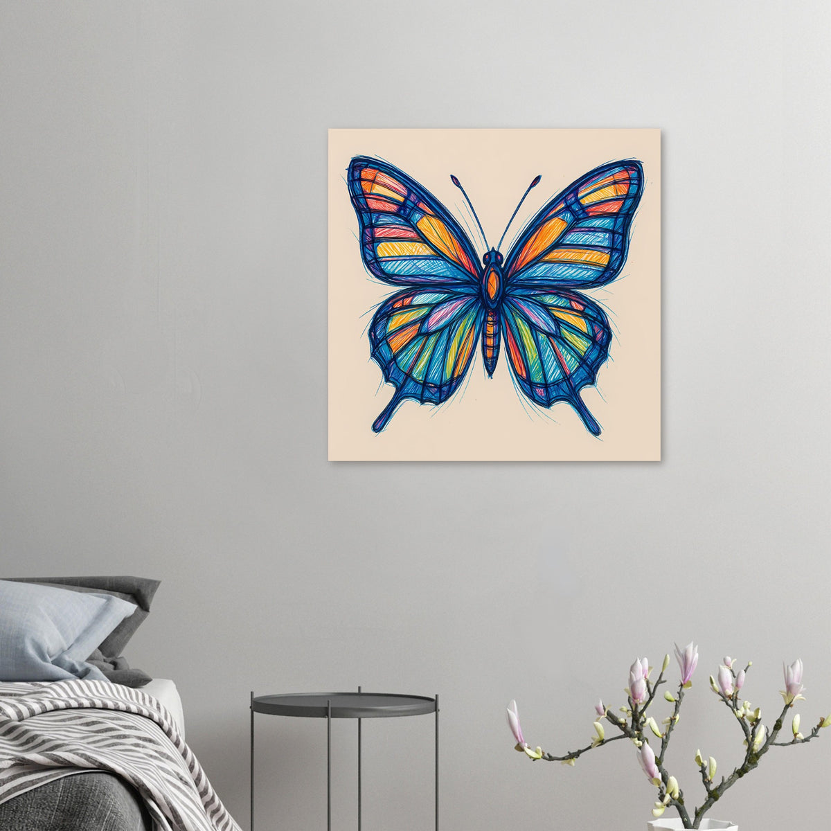 Kleines Schmetterlings-Poster: blauer und mehrfarbiger Schmetterling als Motiv.