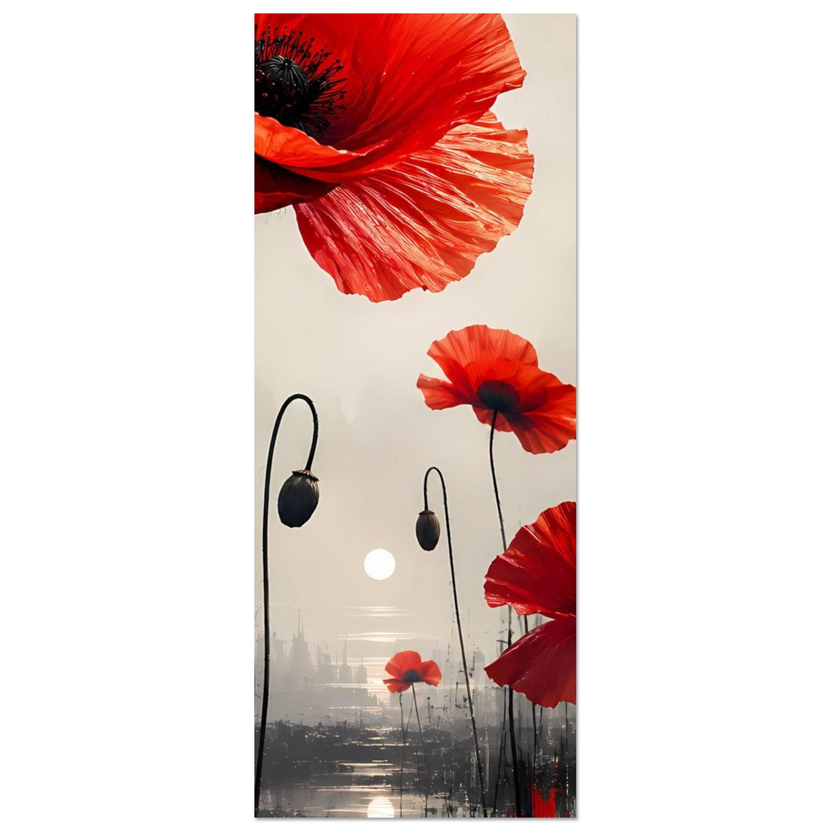 Schmales Hochformat-Poster mit roten Mohnblumen, angeschnittene Blüten oben links