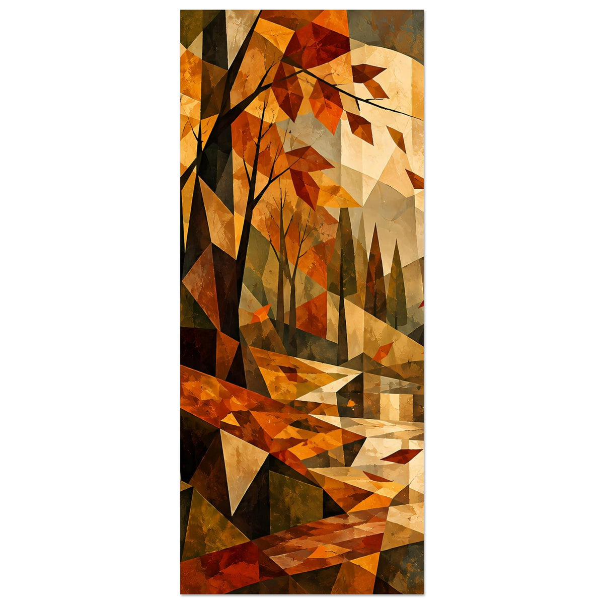 Herbstlandschafts-Poster im Kubismus-Stil, vertikal: geometrische Bäume und goldene Mondsichel