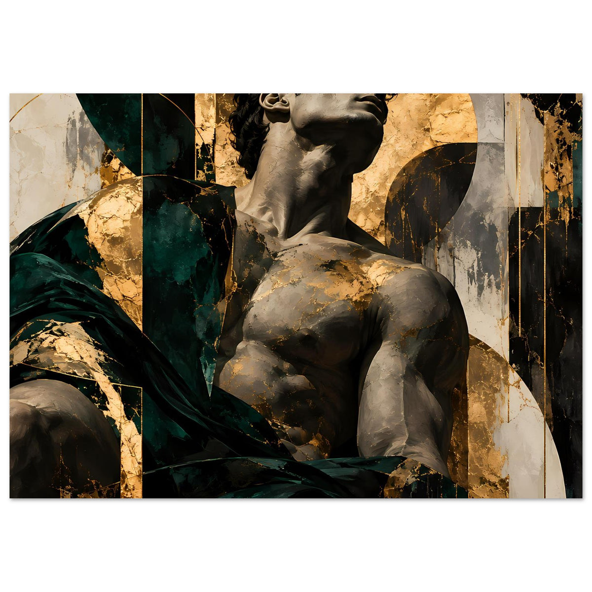 Kunstposter (quer) mit Barockskulptur, gold-schwarzer Hintergrund, große grüne Stofffalte
