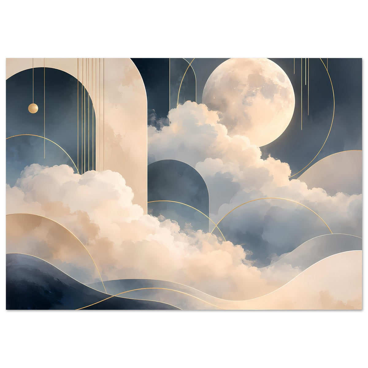 Abstraktes Mondlandschaft-Poster mit großem Mond, Wolkenmeer und goldfarbenen Konturlinien.