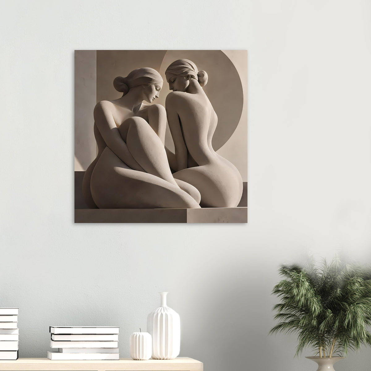 Gerahmter Kunstdruck: zwei cremefarbene Aktskulpturen, zentral im quadratischen Bildausschnitt