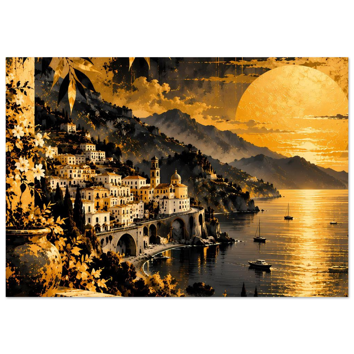 Horizontales Poster: Küstendorf an der Küste, goldener Sonnenuntergang, großer Sonnenball am Horizont