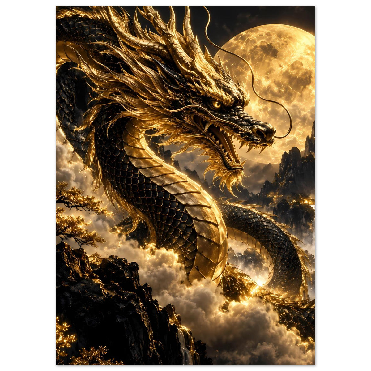 Poster: goldener Drache mit Mähne und Augen, Vollmond über einer Wolkenlandschaft
