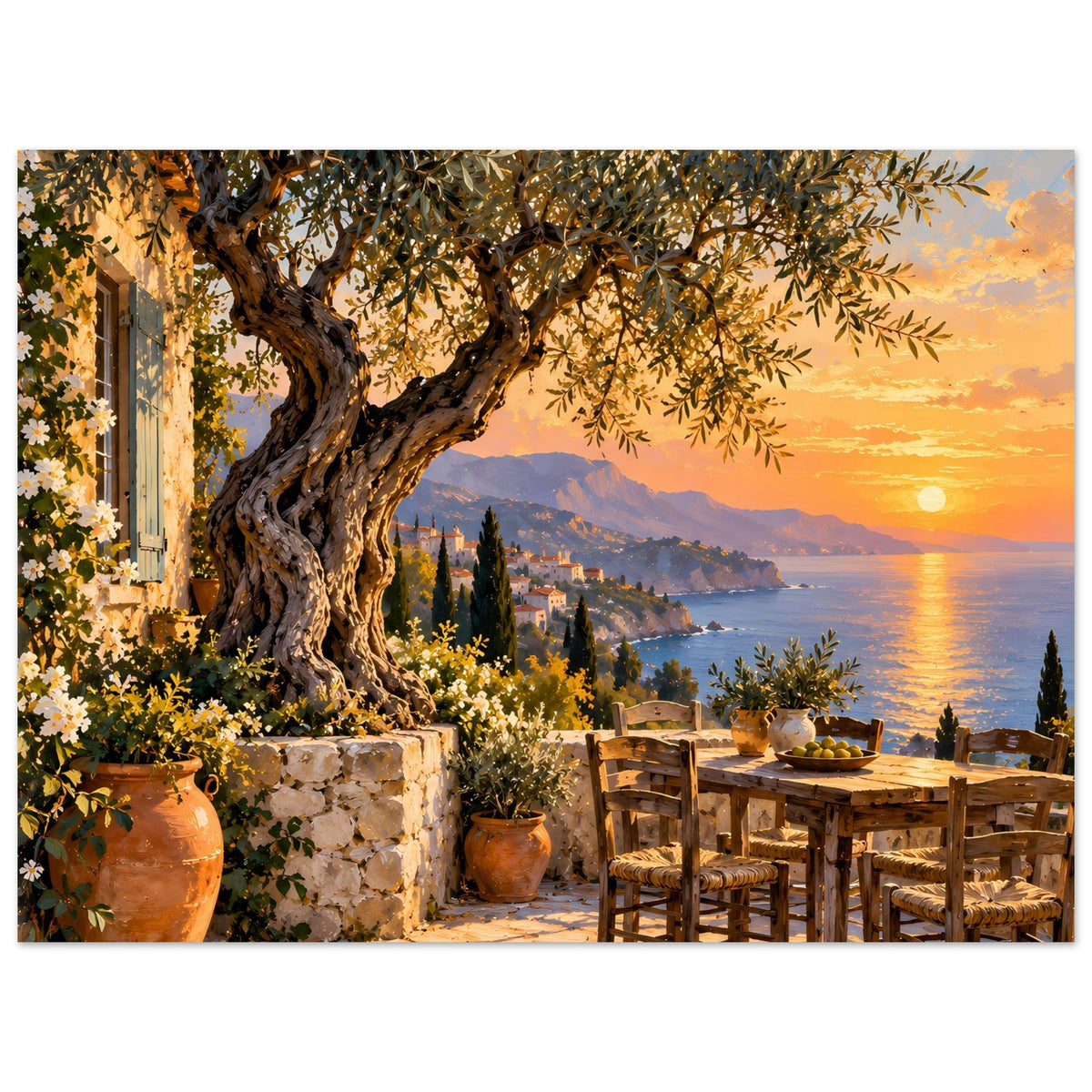 Mediterranes Sonnenuntergangs-Poster: Olivenbaum links, Steintrog und Holzstühle an der Küste.