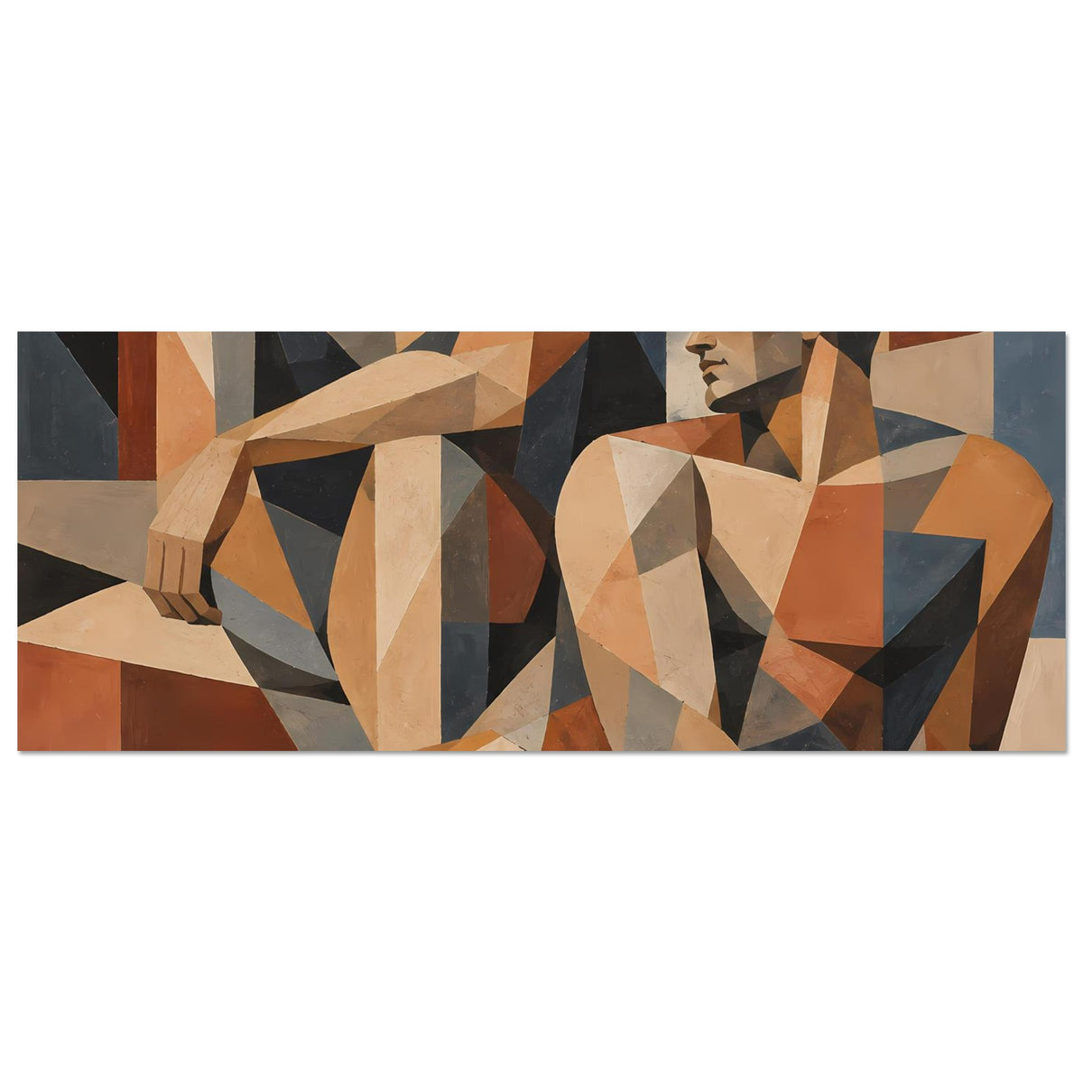 Geometrisches Kunstposter mit Figurenmotiv in Erdtönen, Querformat, schmal