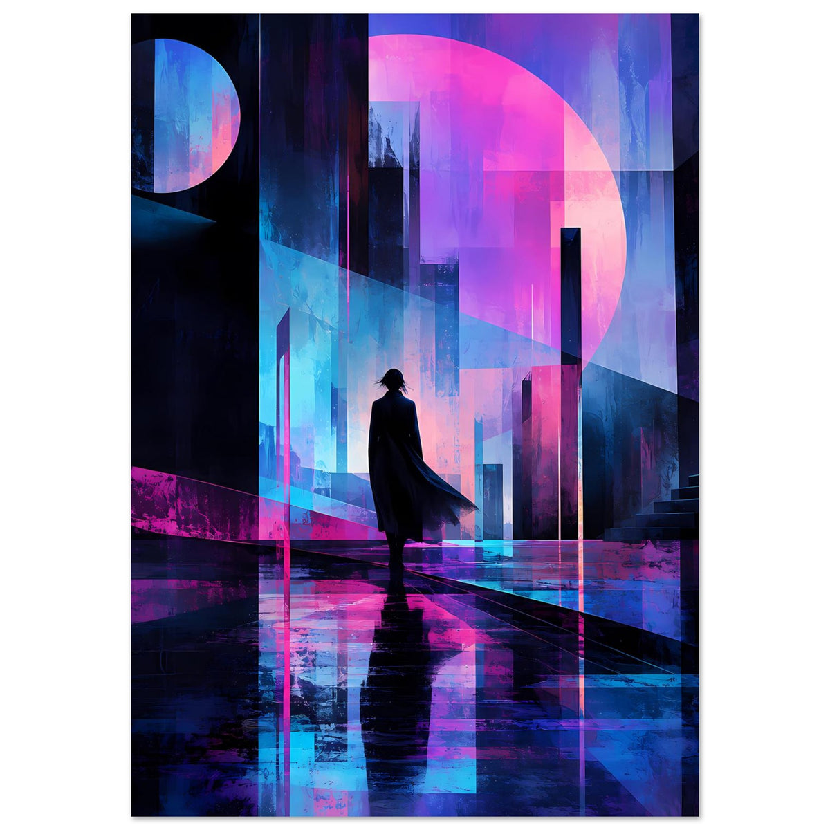 Neon-Nachtstadt-Poster im Hochformat: Silhouette mit Umhang, pinke und blaue Lichtbogen