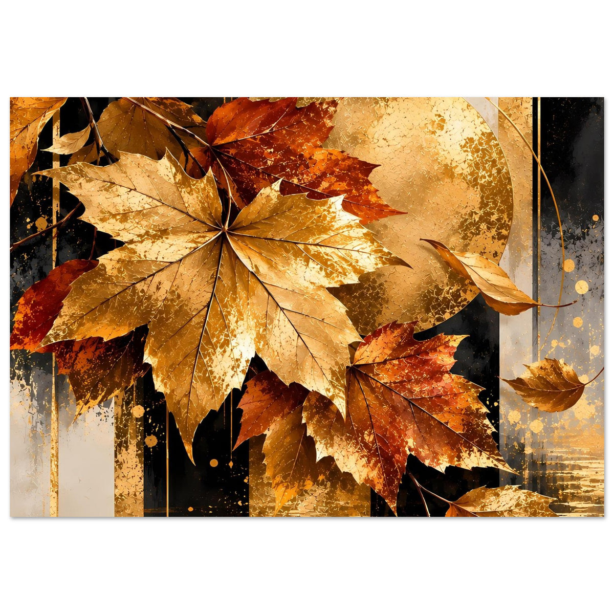 Herbstposter im Querformat mit goldenen Ahornblättern, warmen Tönen und Herbstsonne