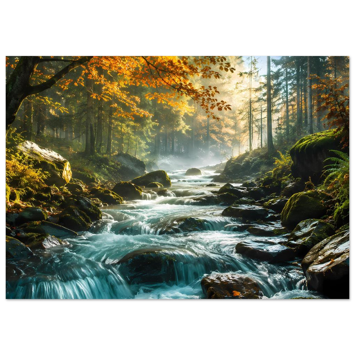 Querformatiges Poster mit Bachlauf, türkisfarbenes Wasser, goldener Dunst im Wald