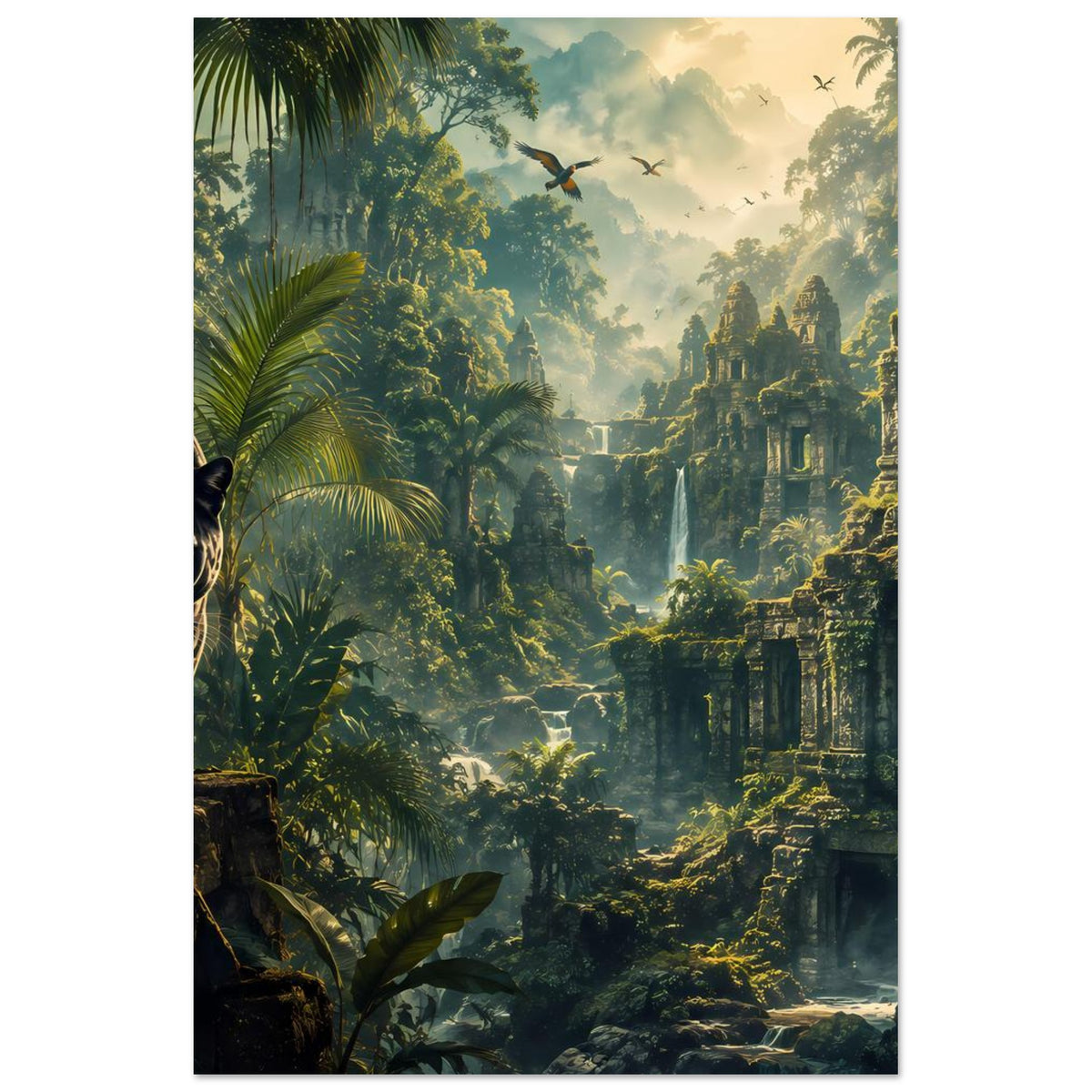 Poster mit Dschungelruinen, Pflanzen und Wasserfall, schwarzer Panther am Rand