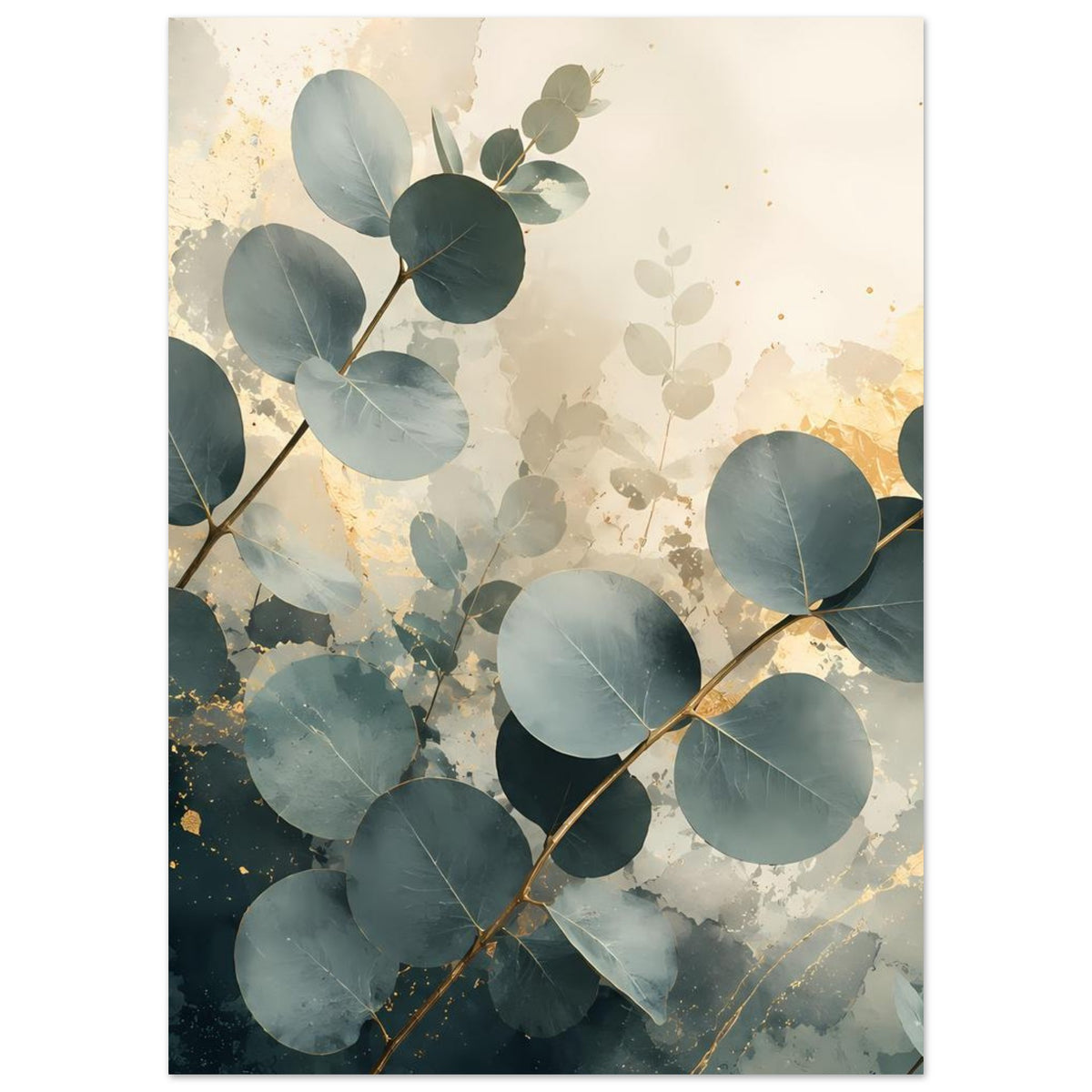 Eukalyptus-Poster mit großen blaugrünen Blättern, goldenen Akzenten und sanften Spritzern