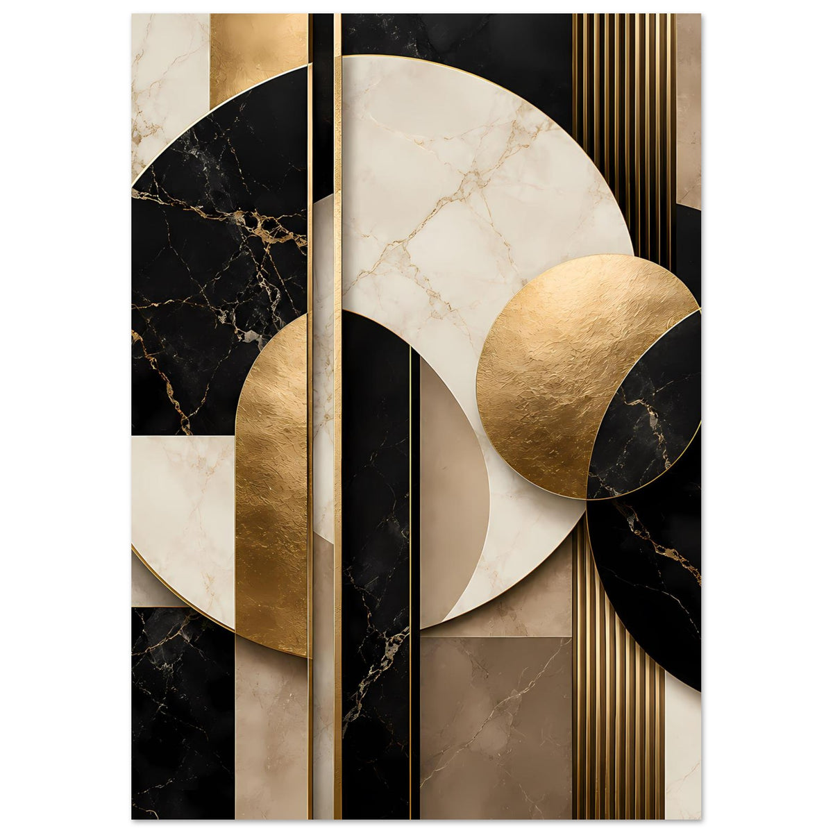 Poster mit geometrischen Kreisen und Goldbogen, Marmoroptik in Creme, Schwarz und Bronze