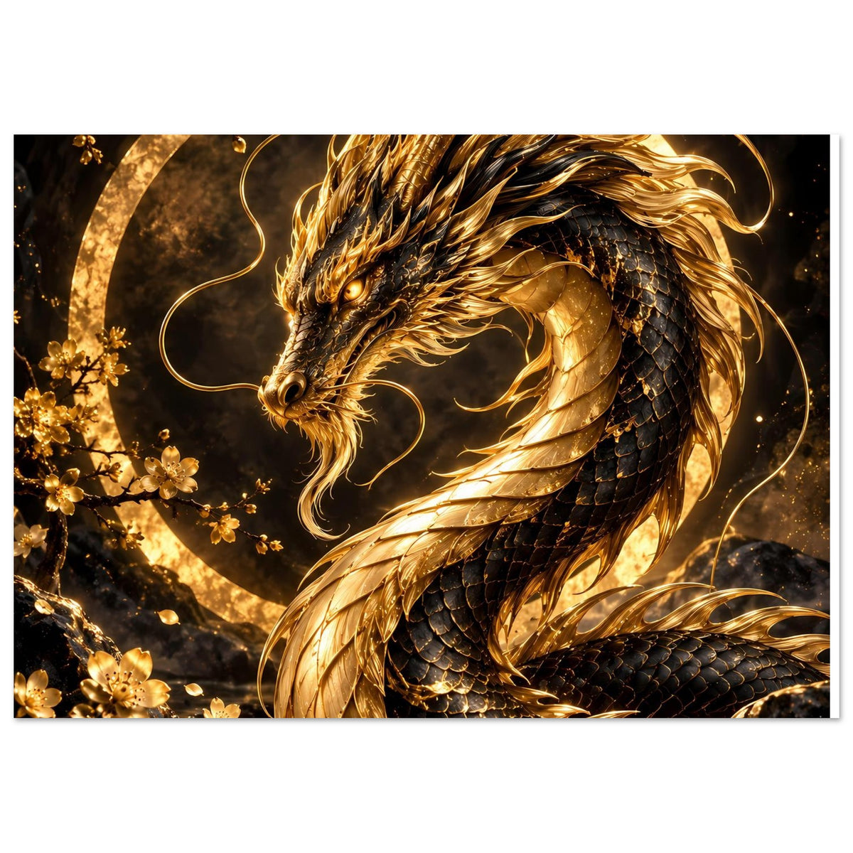 Drachenposter: goldener Schlangendrache mit fließender Mähne, Schuppen und goldener Spiegelung