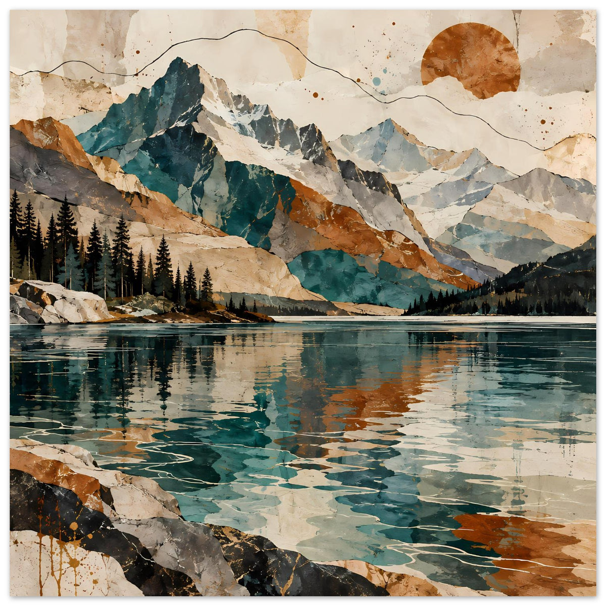 Poster mit Gebirgskette und spiegelndem See, abstrakte Pinselstrukturen, Sonne oben rechts.