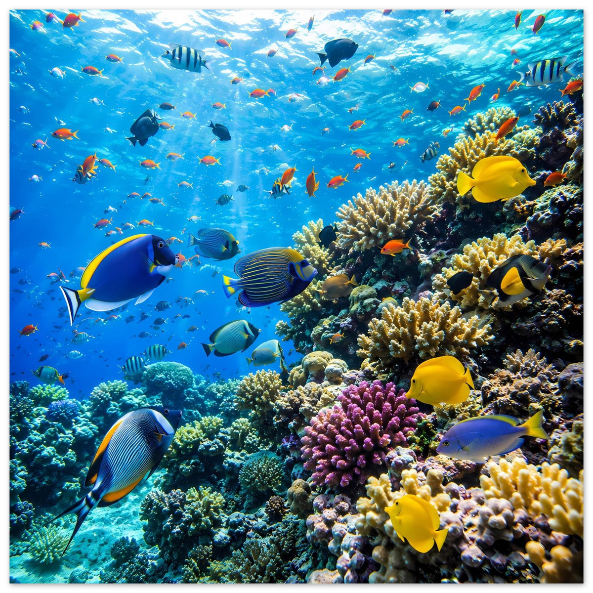 Korallenriff-Poster im Panorama: zahlreiche Fische über Korallen und farbigen Riffflächen