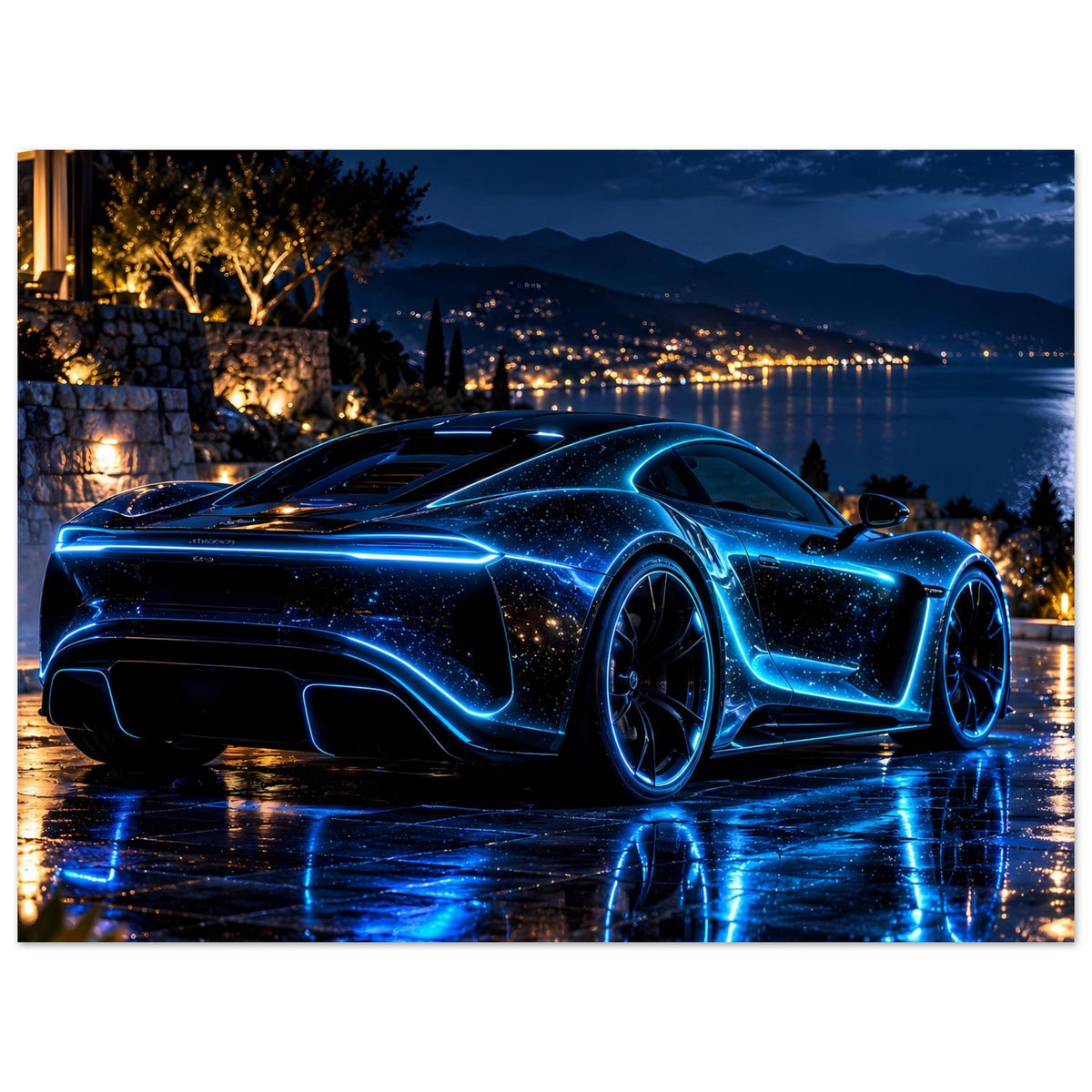 Poster, horizontal: blauer Neon-Sportwagen am See, nasse Straße mit Spiegelung