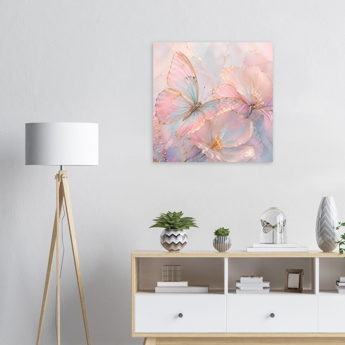 Aquarell-Poster mit Schmetterlingen, goldenen Akzenten in Rosé und Blau