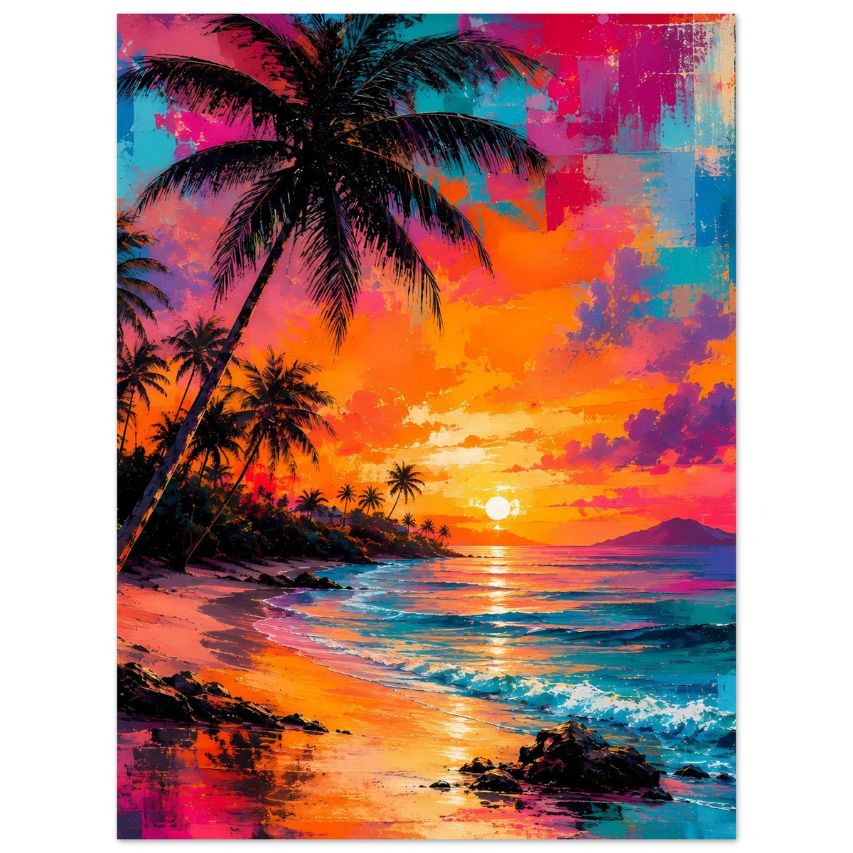 Neon-Palmenstrand-Poster: Palme im Vordergrund, farbiger Sonnenuntergang und Küste