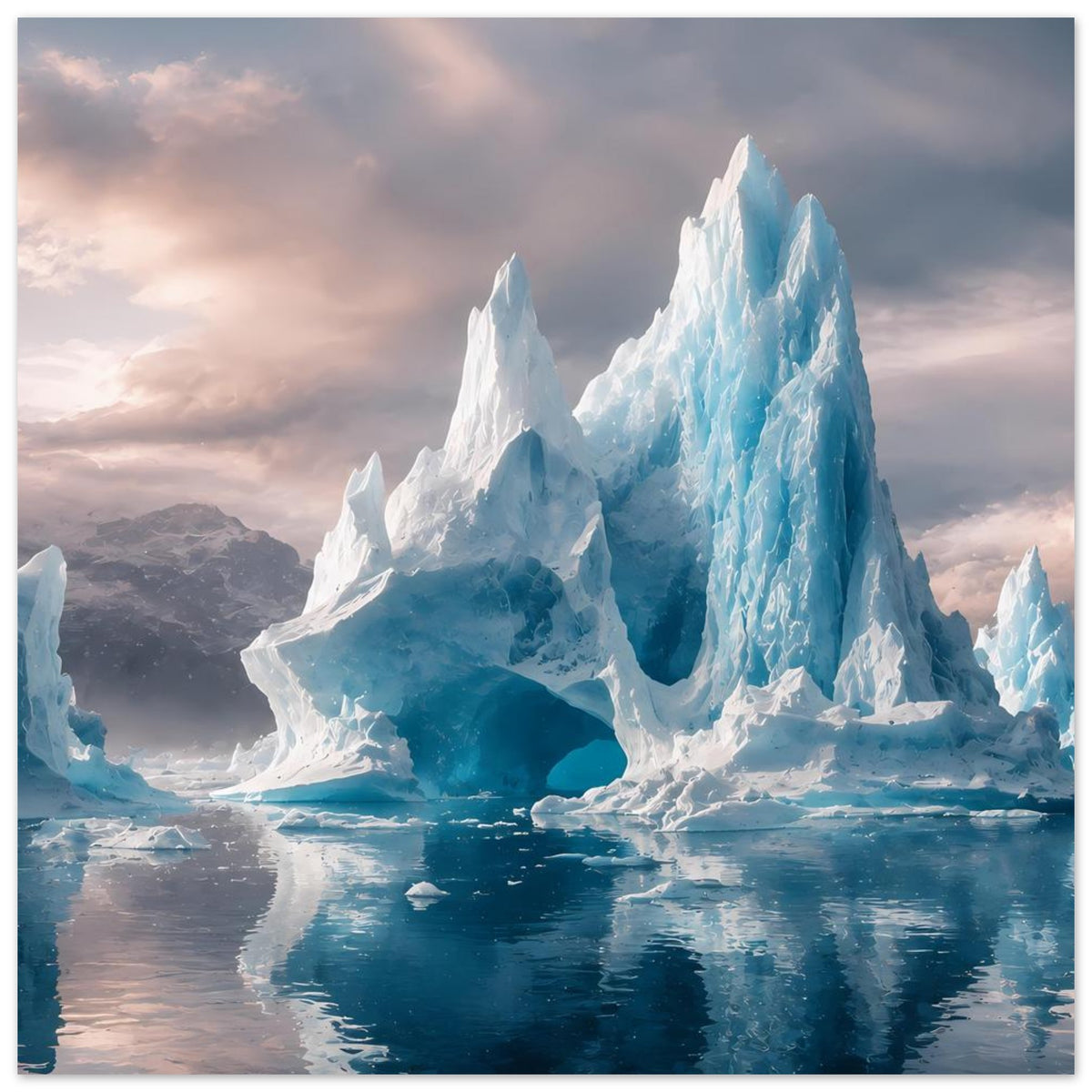 Eisberg-Poster im Querformat: große Eisberge und Wasserreflexionen