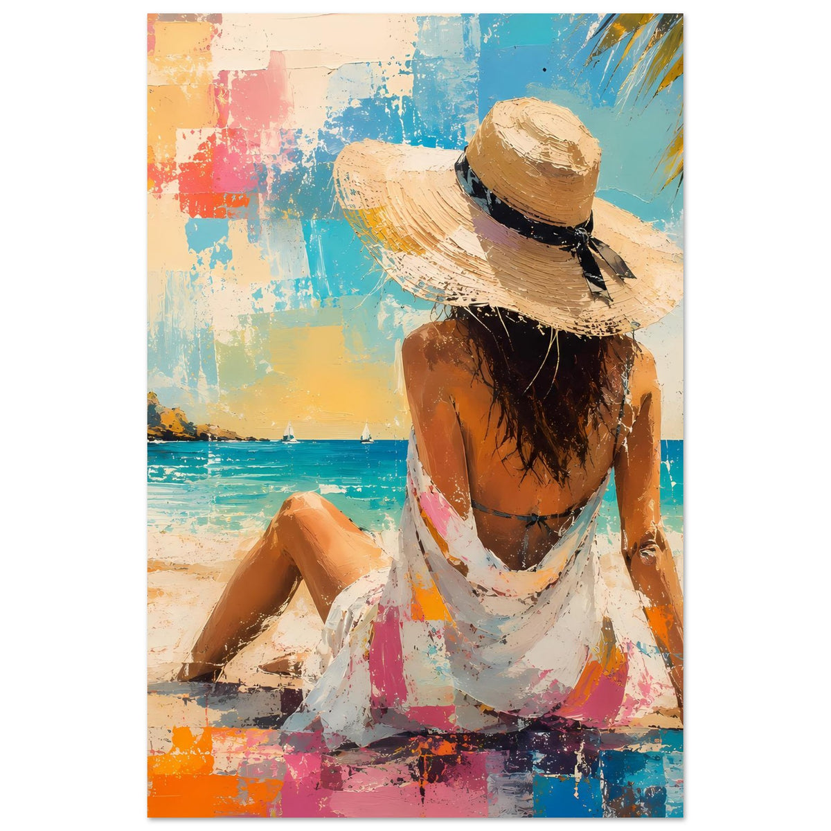 Sommerposter mit Frau im Strohhut am Strand, weißes Gewand mit bunten Akzenten, abstrakt
