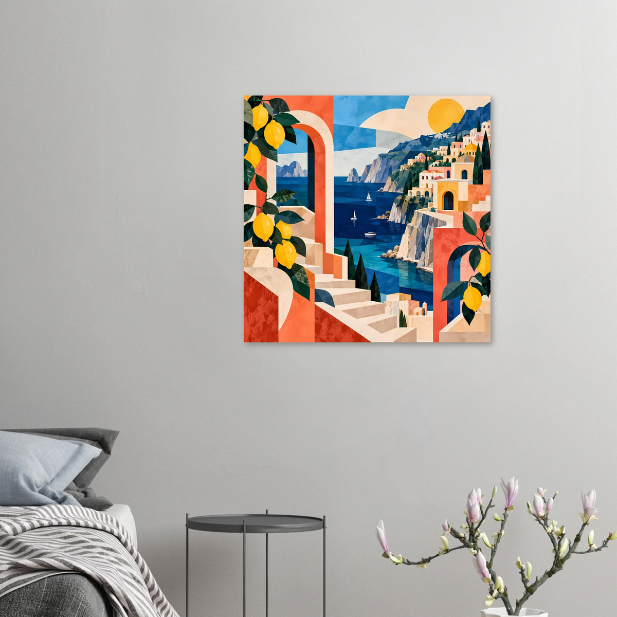 Kleines Küsten-Poster mit Meerblick, Treppe, Häusern, Sonne und Zitronenblättern