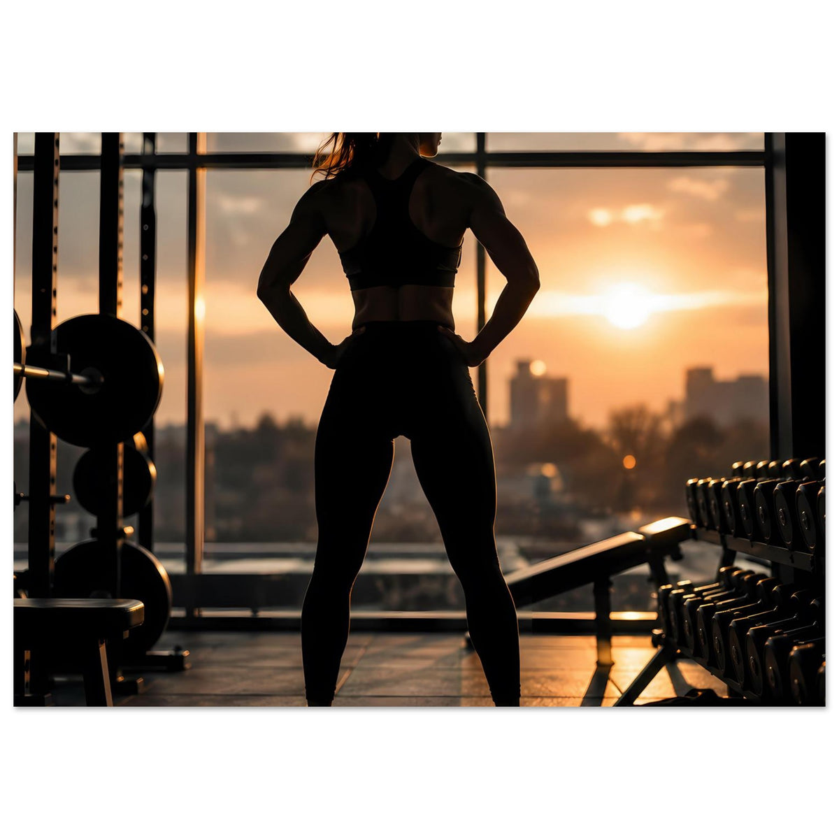 Fitness-Poster mit schwarzer Silhouette einer Frau, Hände in Hüfte vor Trainingsgeräten