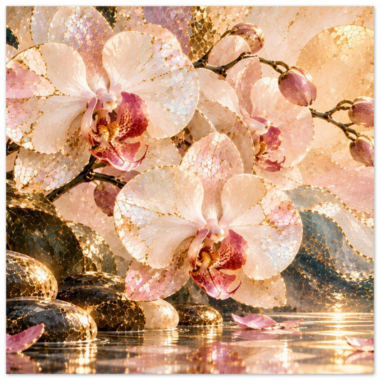 Orchideen-Posterprint mit weißen Blüten, rosafarbenen Akzenten und goldener Glitzeroptik.