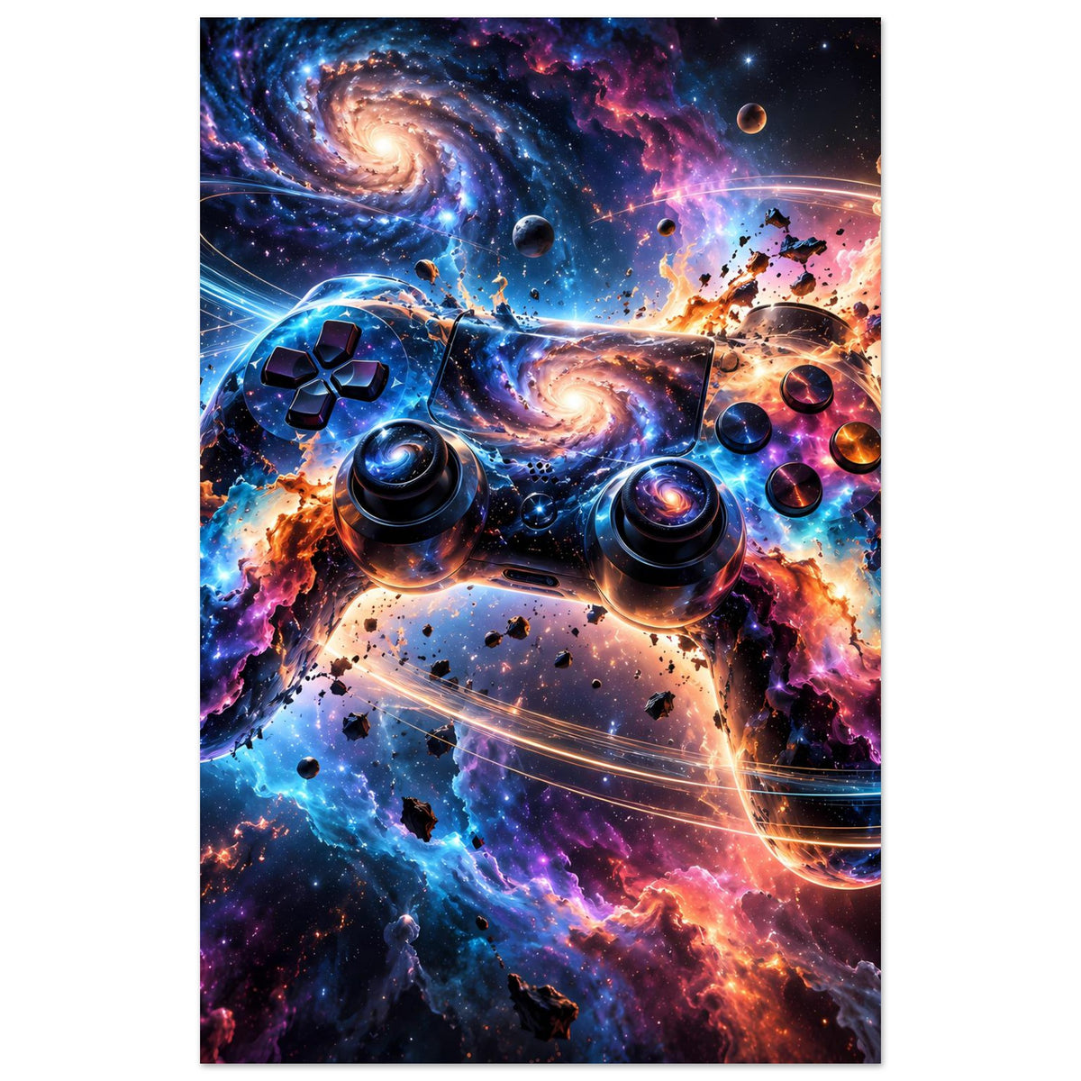 Vertikales Gaming-Controller-Poster mit galaktischem Motiv und orange-blauen Nebeln