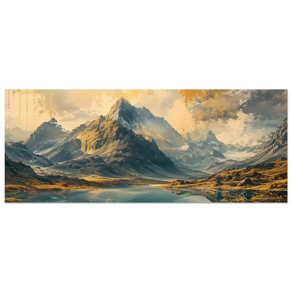 Horizontales Poster mit Bergpanorama und Spiegelung in Blau- und Goldtönen