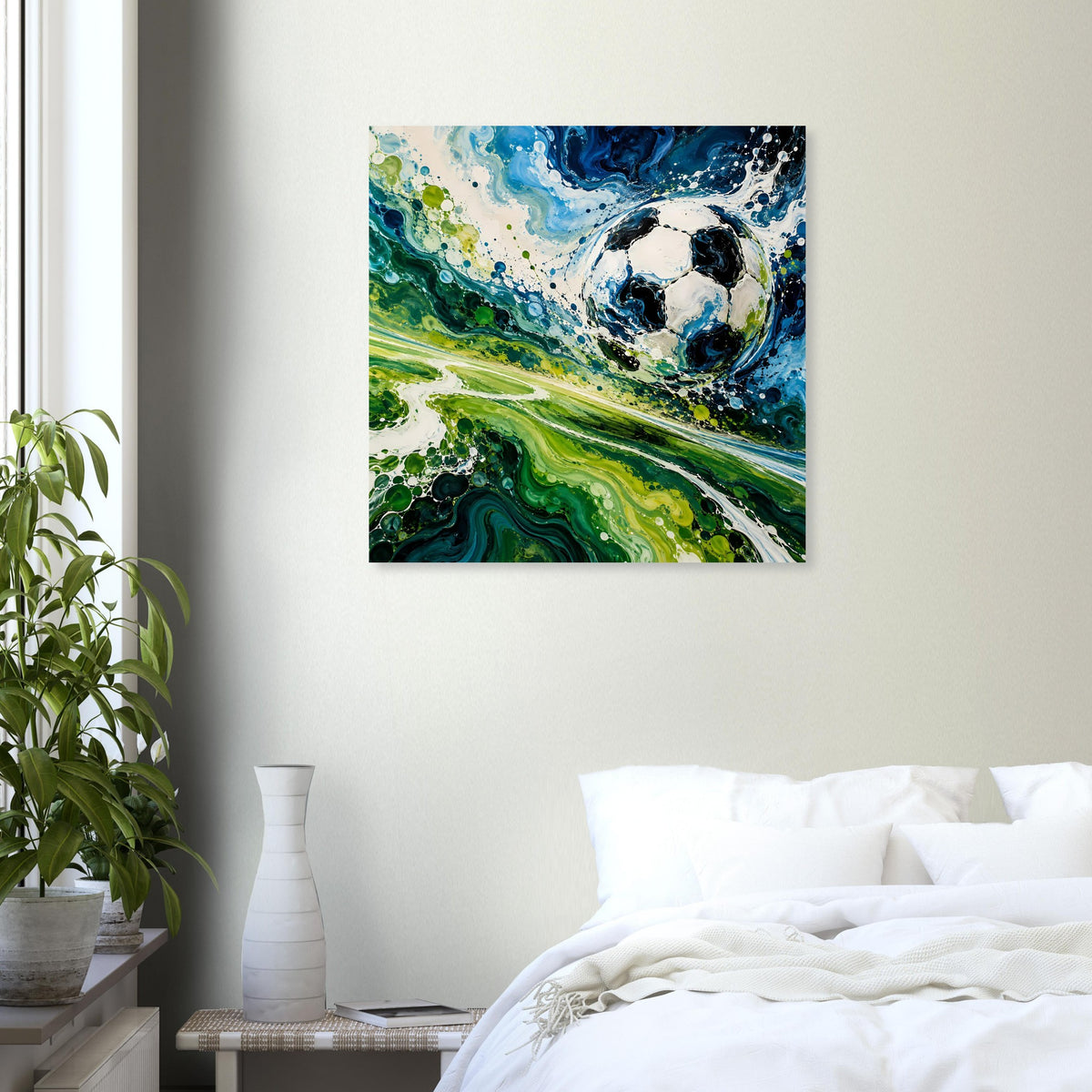 Quadratisches Fußball-Kunstposter mit abstraktem Ball, Blau- und Grüntönen