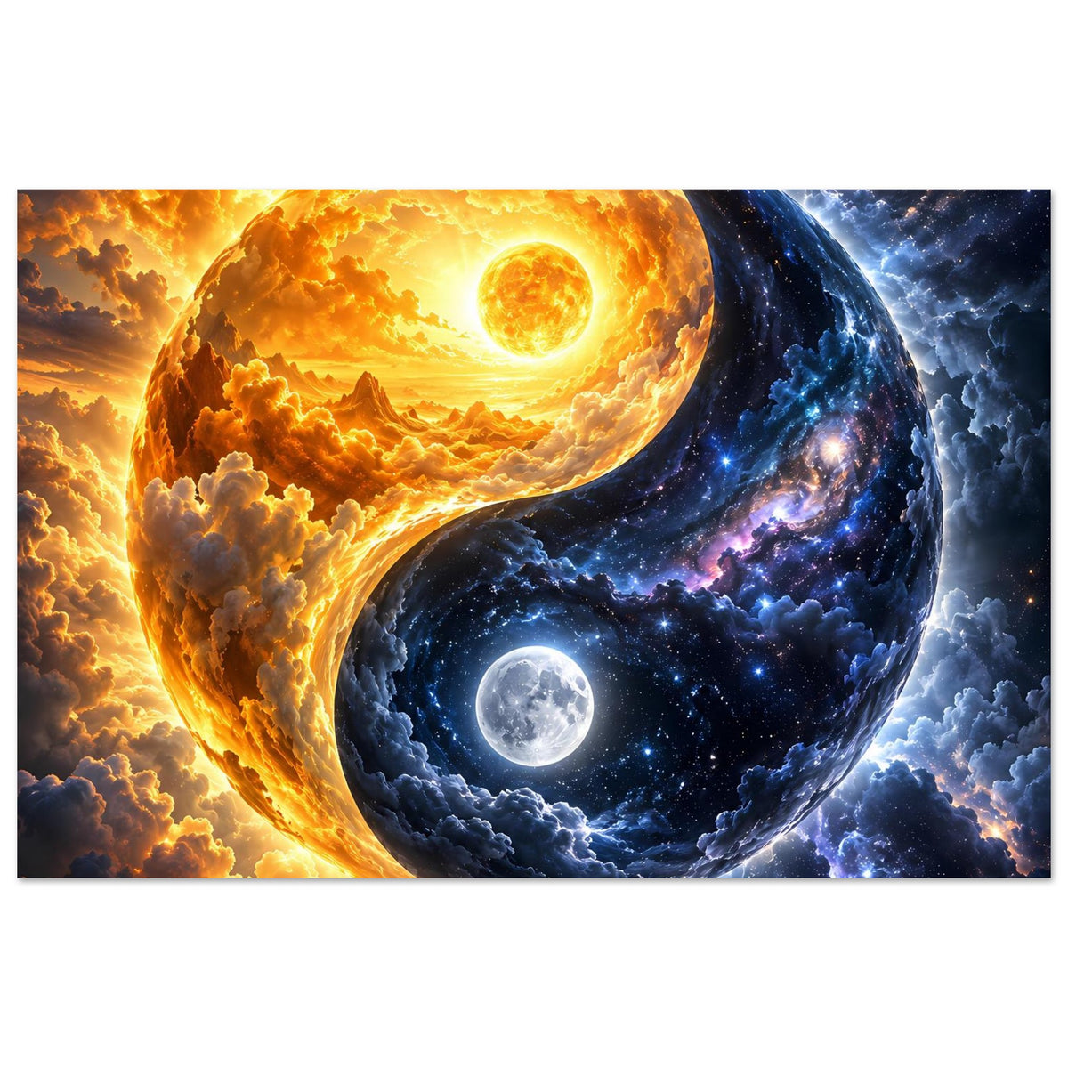 Cosmos-Yin-Yang-Poster mit goldener und blauer Planetenform sowie Wolkennebel, gerahmt