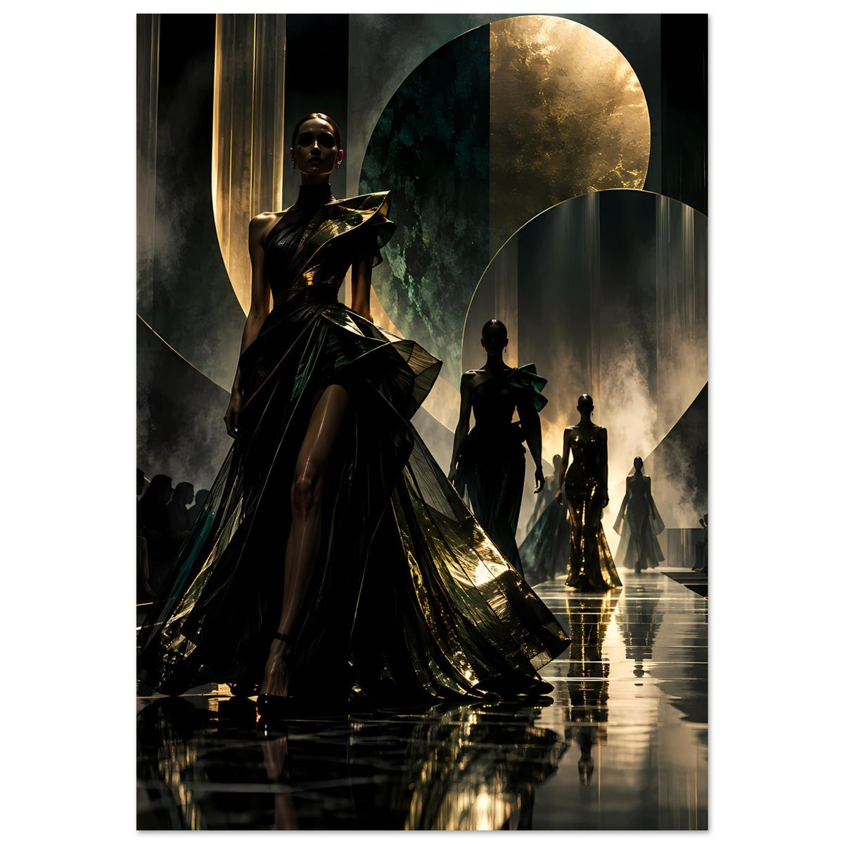 Poster mit Fashion-Laufsteg: frontale Silhouette in schwarzem Kleid mit Goldakzenten, mehrere Gestalten.