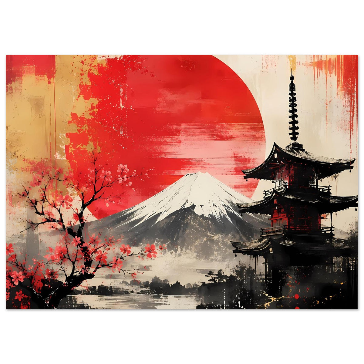 Kunstposter im Querformat mit roter Sonne, Berg Fuji, Pagode rechts und Kirschblüten