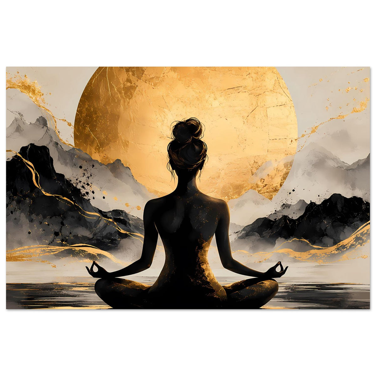Meditations-Poster mit Lotussitz-Silhouette, goldener Sonne und Berglandschaft am Wasser