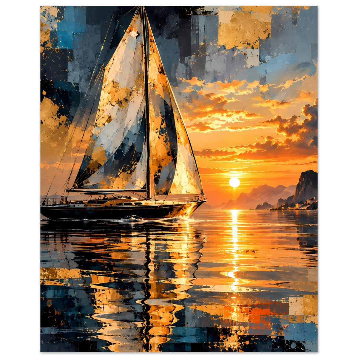 Poster im Hochformat: Segelboot bei Sonnenuntergang mit bunten Farbflecken im Hintergrund